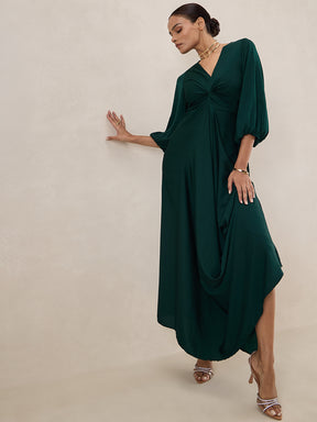 Green Satin Front Twisted Maxi Dress