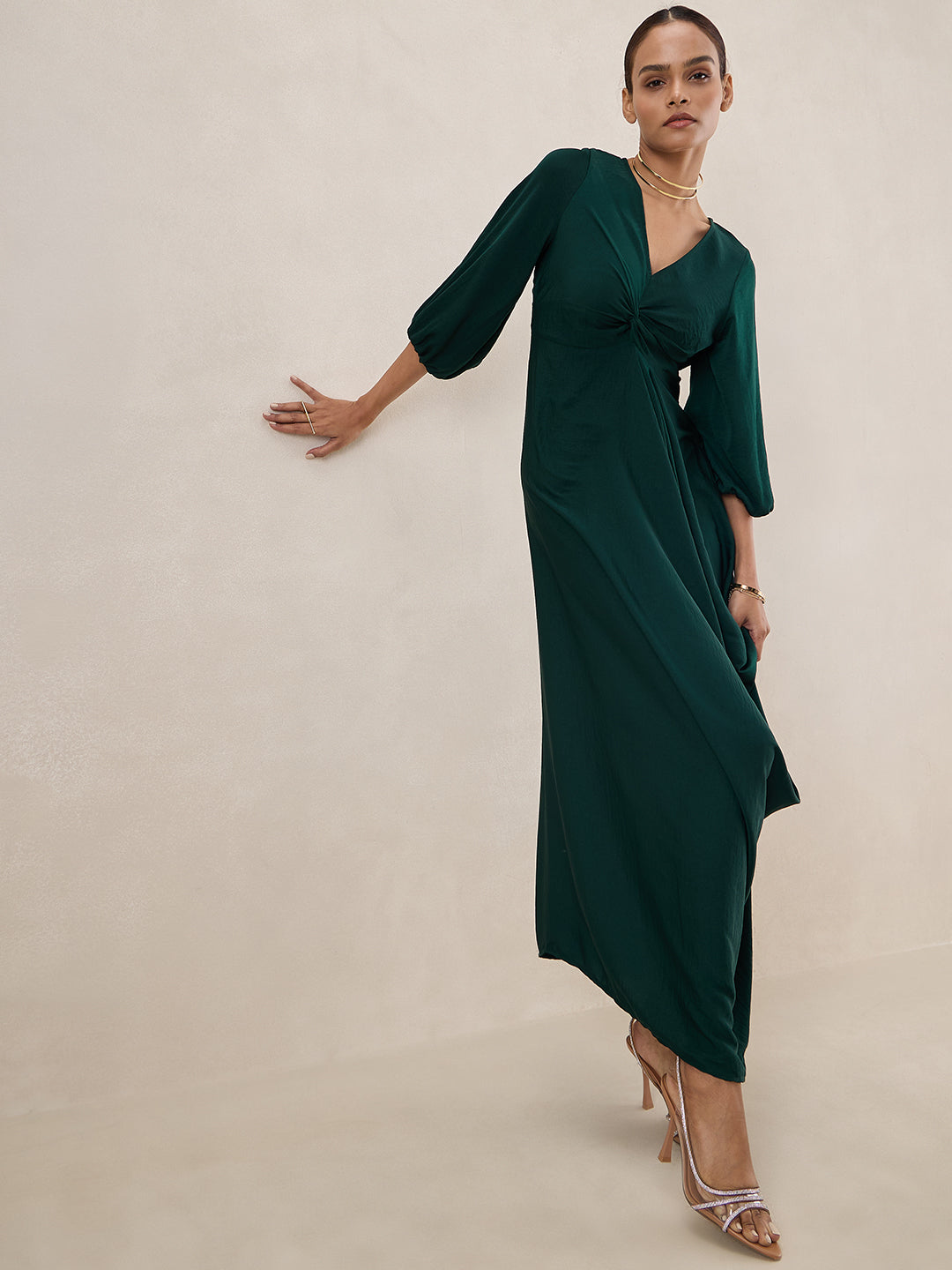 Green Satin Front Twisted Maxi Dress