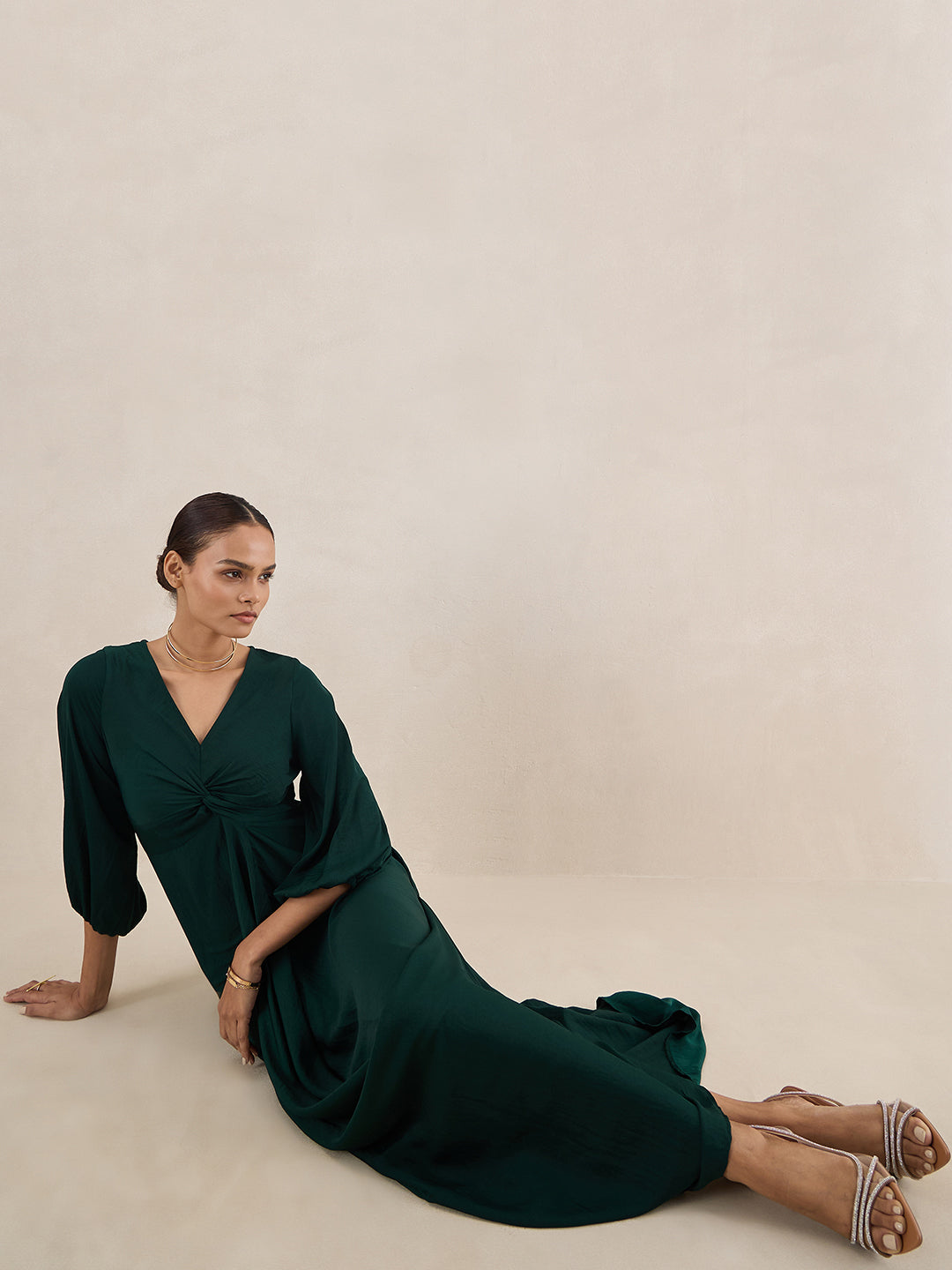 Green Satin Front Twisted Maxi Dress