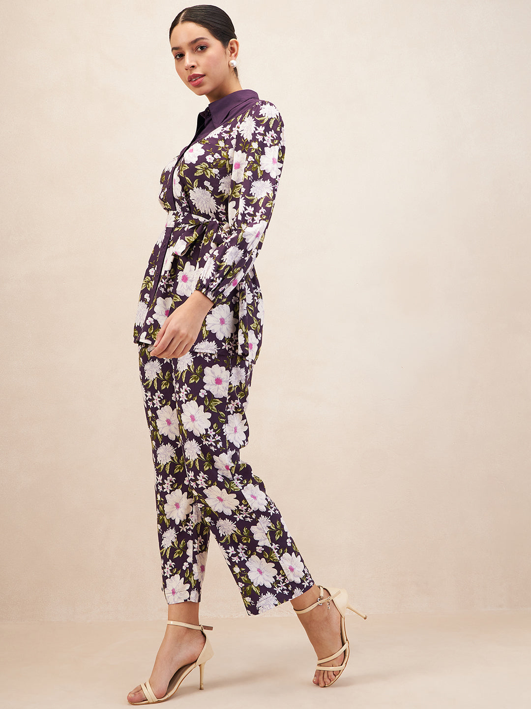 Purple Button Down Floral Printed Co-Ord Set