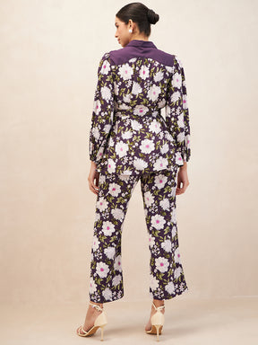 Purple Button Down Floral Printed Co-Ord Set