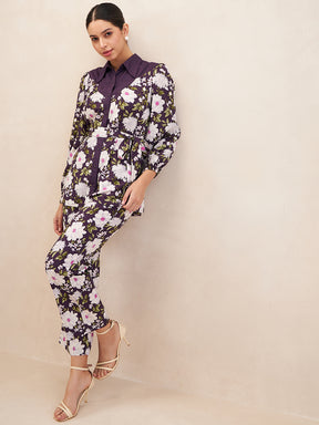 Purple Button Down Floral Printed Co-Ord Set