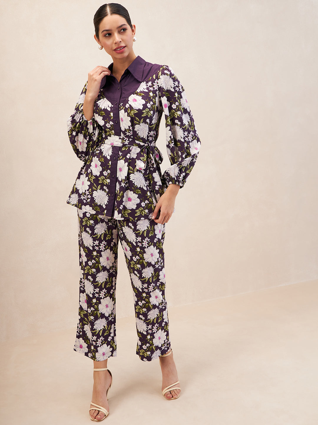 Purple Button Down Floral Printed Co-Ord Set