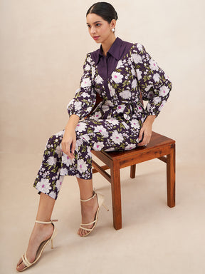 Purple Button Down Floral Printed Co-Ord Set