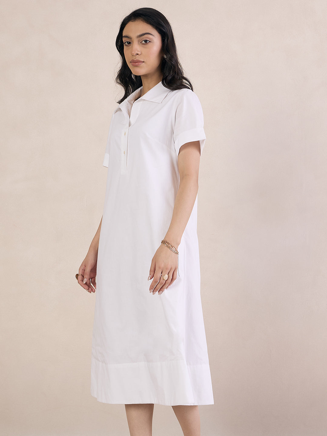 White Poplin Button Down Midi Dress