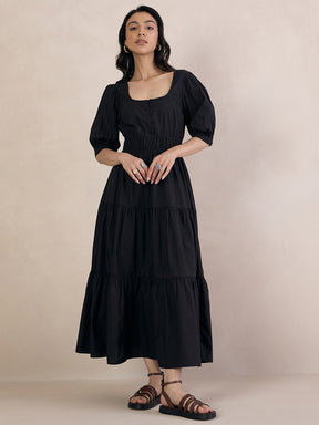 Black Poplin Smocked Maxi Dress