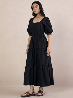 Black Poplin Smocked Maxi Dress