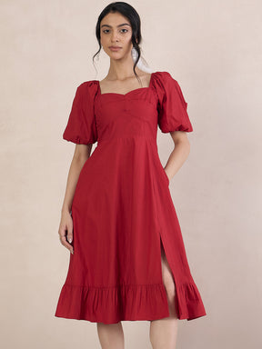 Red Poplin Sweetheart Neck Midi Dress