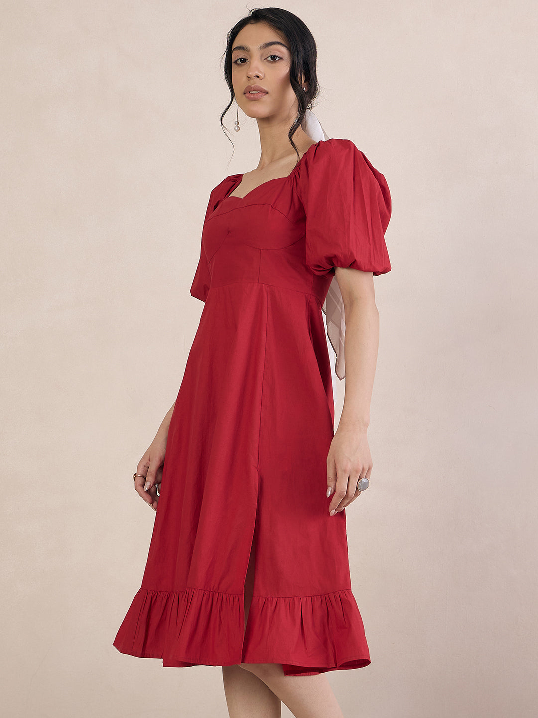 Red Poplin Sweetheart Neck Midi Dress