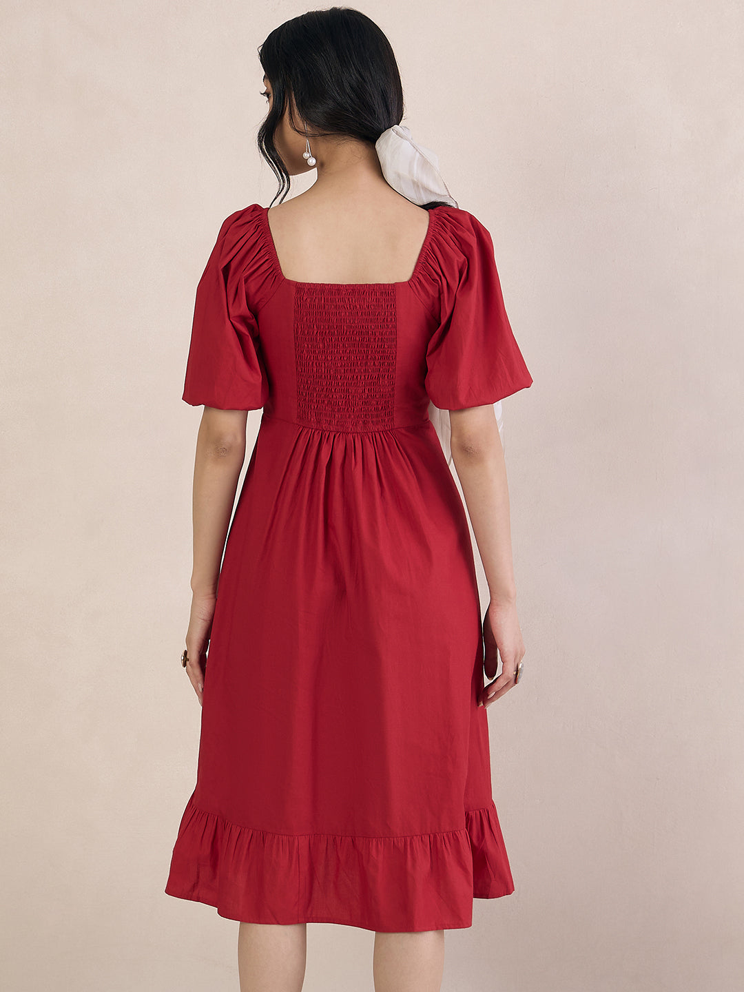 Red Poplin Sweetheart Neck Midi Dress