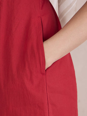 Red Poplin Sweetheart Neck Midi Dress