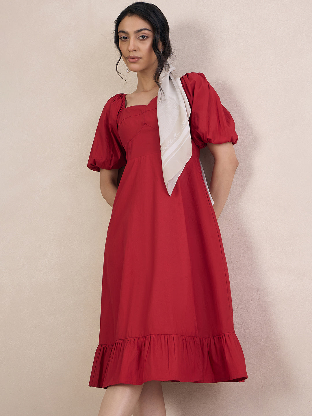 Red Poplin Sweetheart Neck Midi Dress