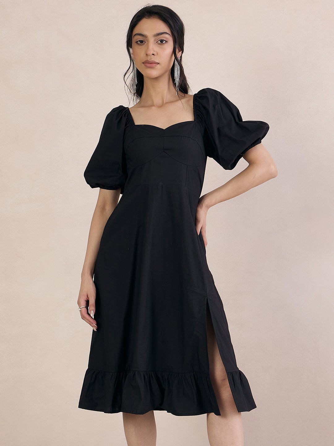 Black Poplin Sweetheart Neck Midi Dress