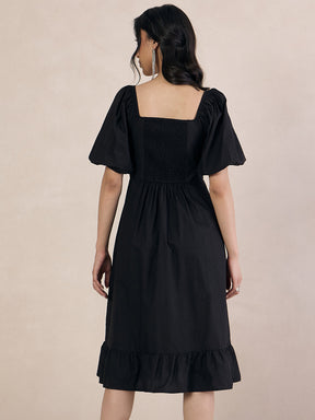 Black Poplin Sweetheart Neck Midi Dress