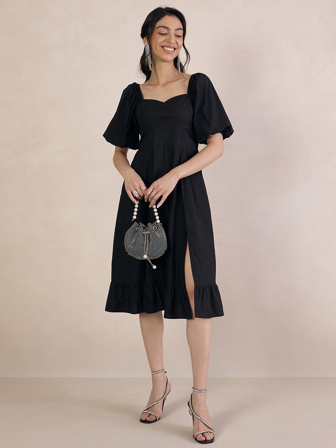 Black Poplin Sweetheart Neck Midi Dress