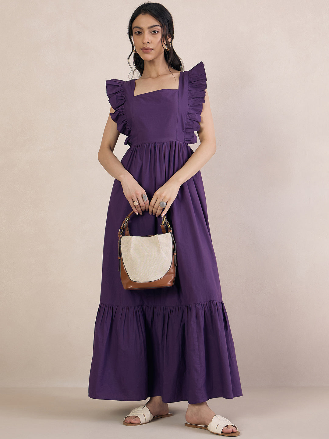 Purple Poplin Back Tie-Up Maxi Dress