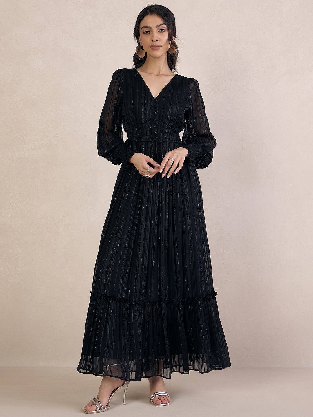 Black Lurex Tiered Maxi Dress