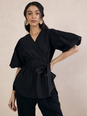 Black Poplin Wrap Top