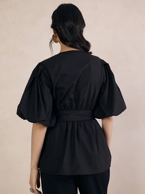 Black Poplin Wrap Top