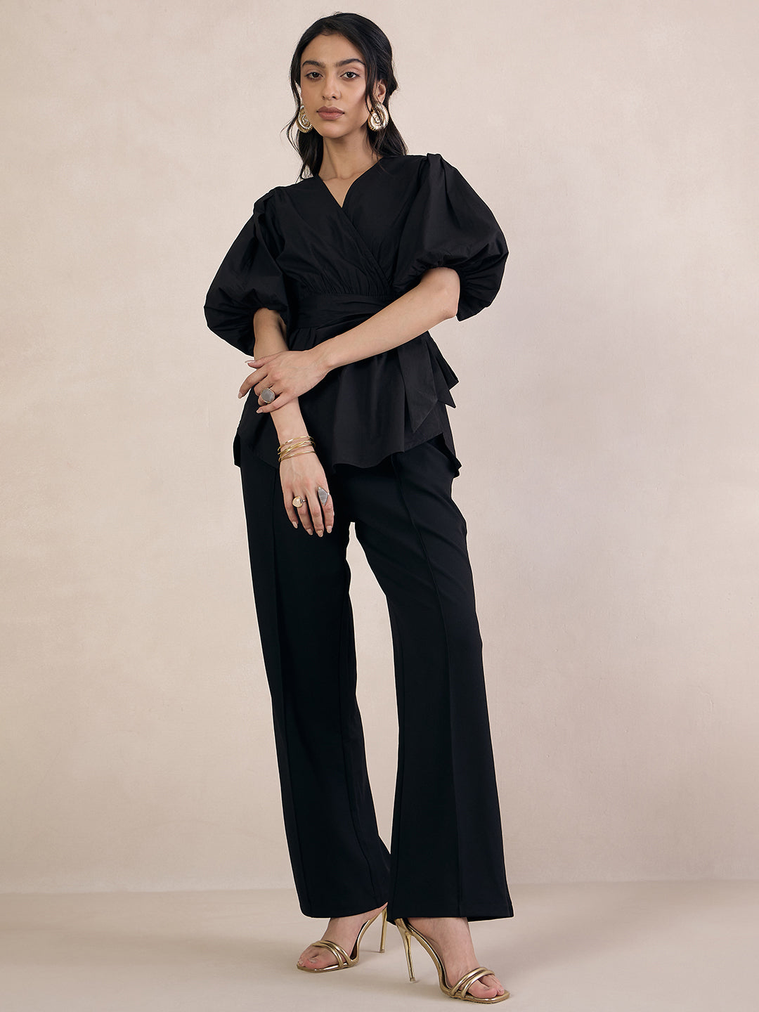 Black Poplin Wrap Top