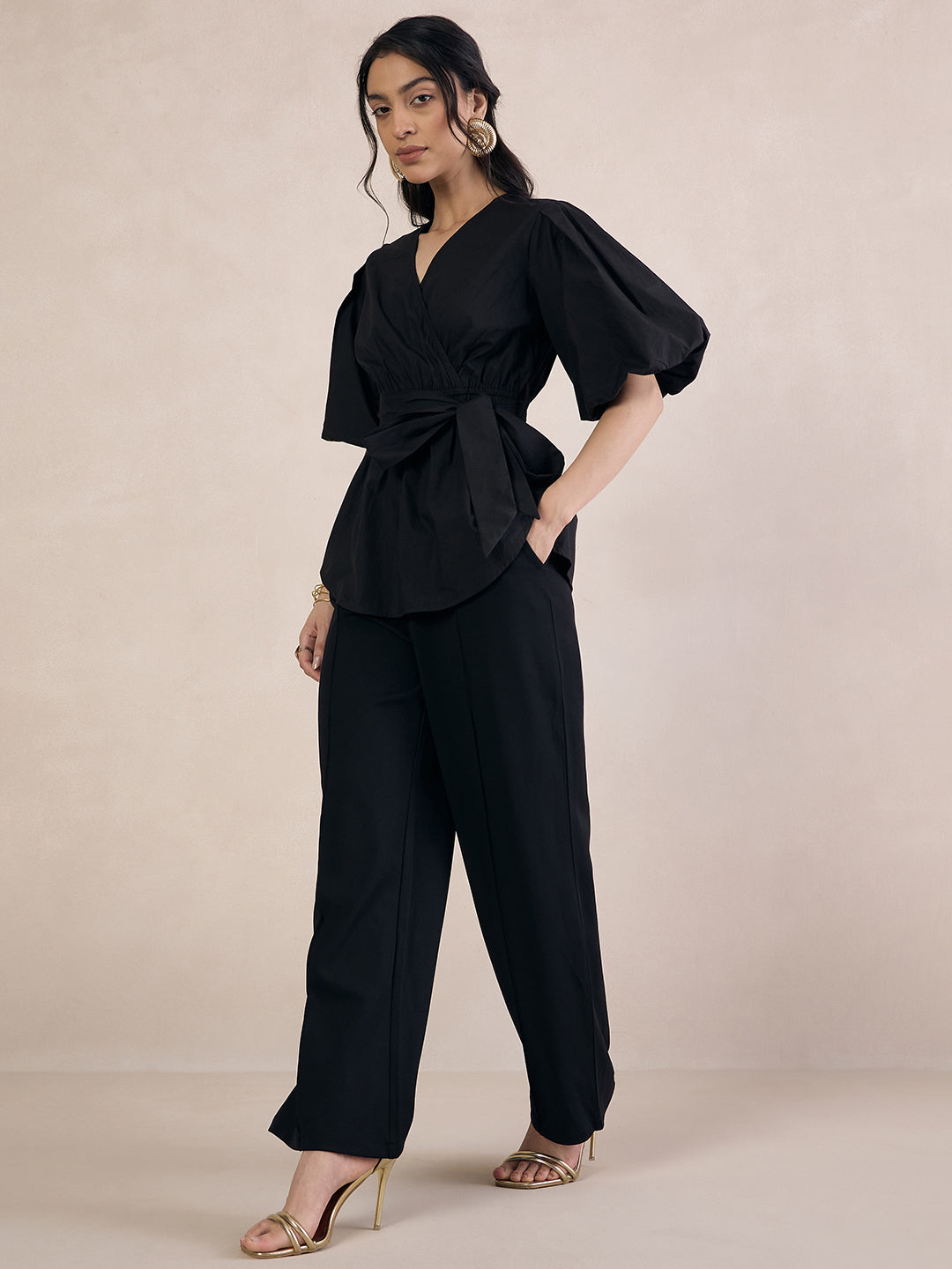 Black Poplin Wrap Top