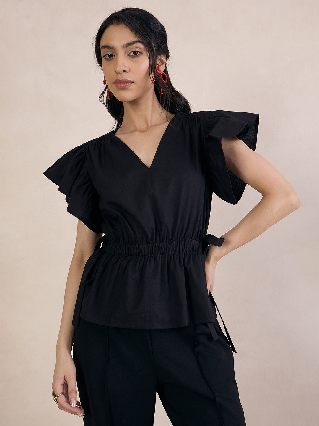 Black Poplin Ruffle Top