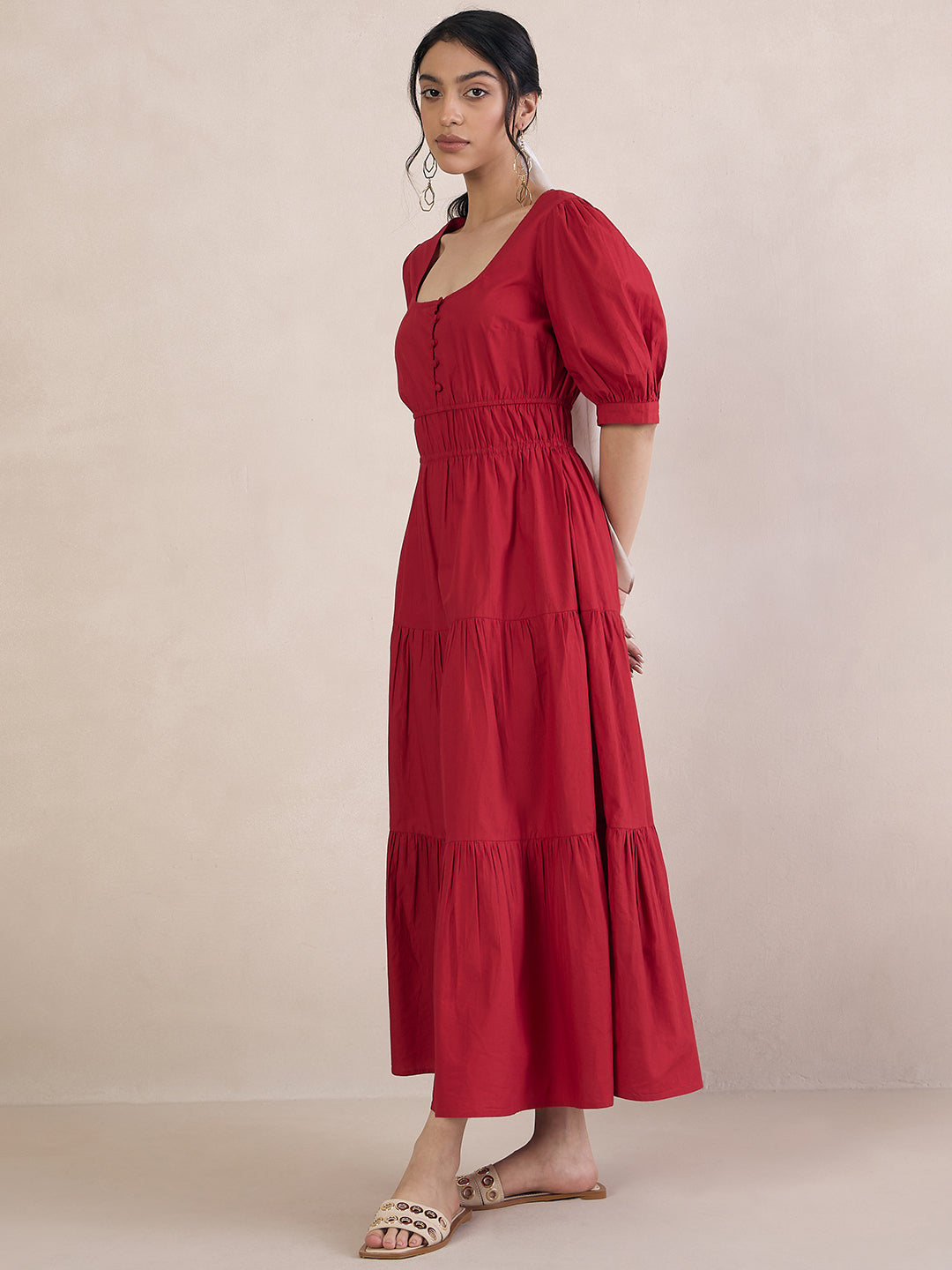 Red Poplin Smocked Maxi Dress