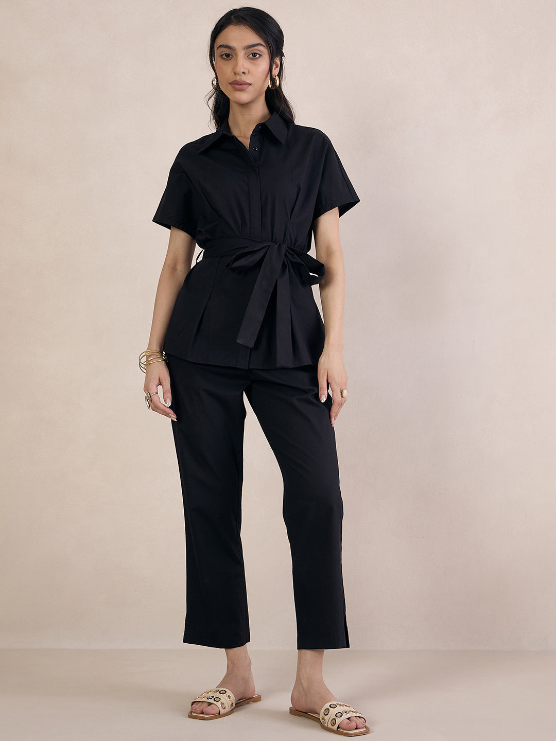 Black Poplin Tie-Up Top