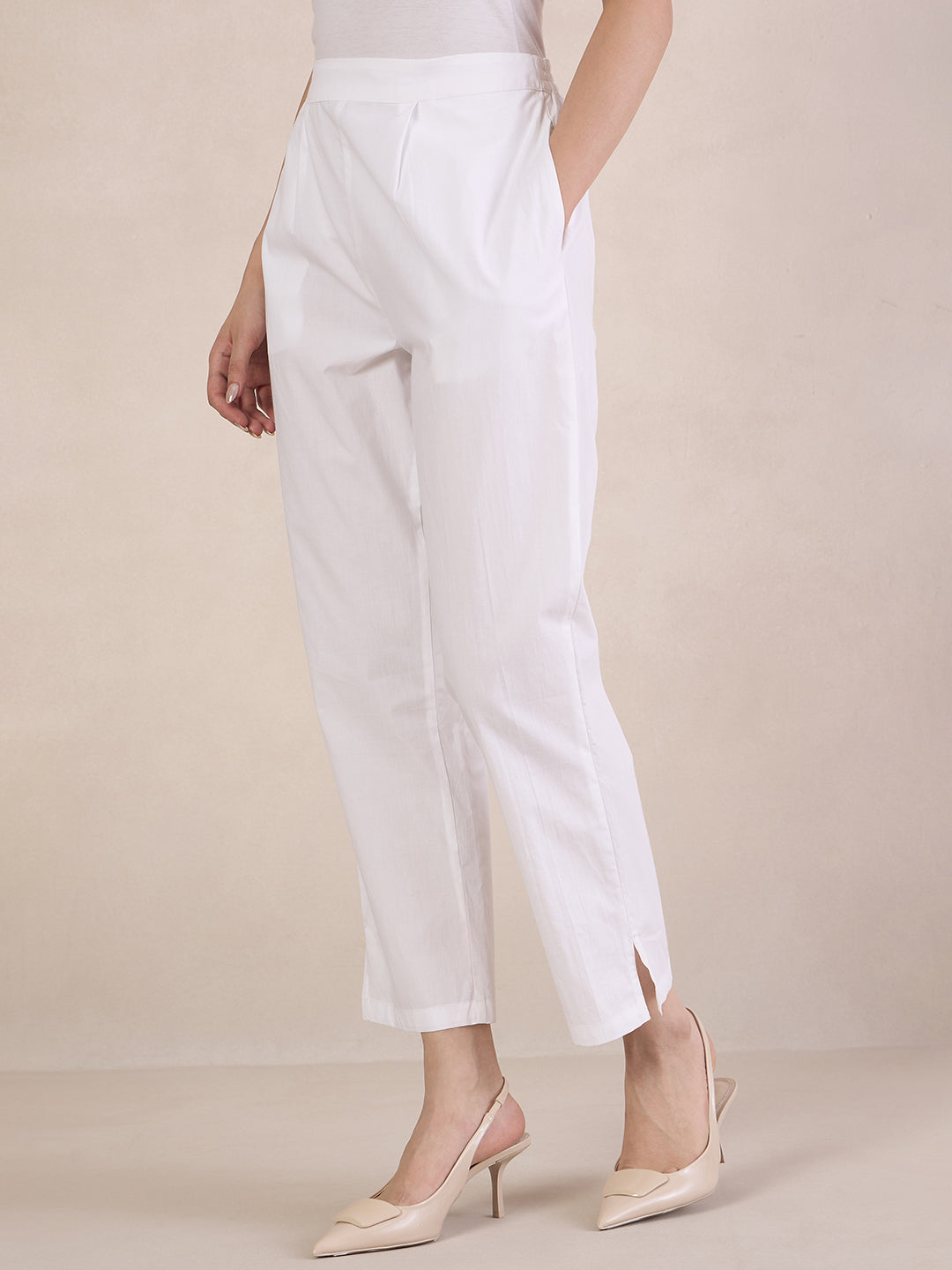 White Cotton Poplin Straight Fit Pant