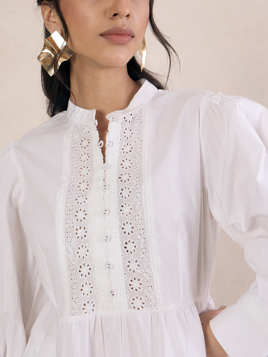 White Cotton Poplin Lace Detail Top