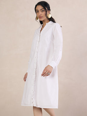 White Poplin Frill Midi Shirt Dress