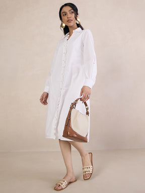 White Poplin Frill Midi Shirt Dress