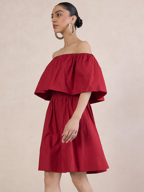 Red Poplin Off-Shoulder Mini Dress