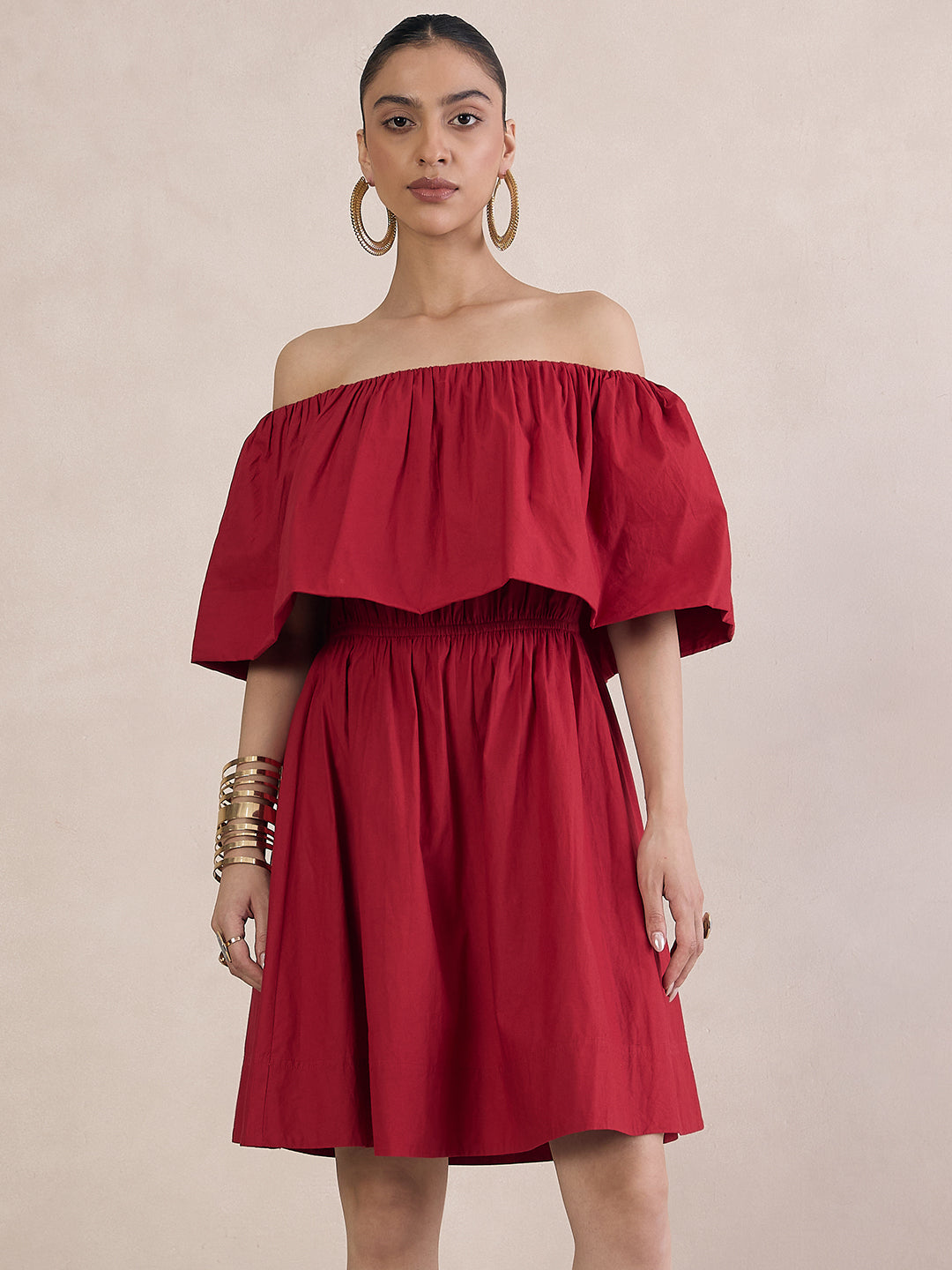 Red Poplin Off-Shoulder Mini Dress