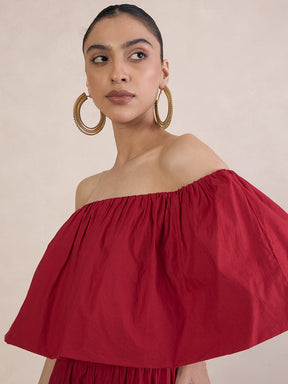 Red Poplin Off-Shoulder Mini Dress