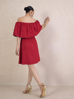 Red Poplin Off-Shoulder Mini Dress