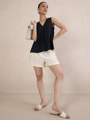 Black Poplin V-Neck Top