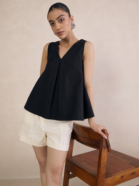 Black Poplin V-Neck Top