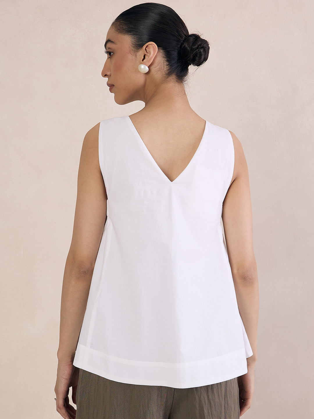 White Poplin V-Neck Top