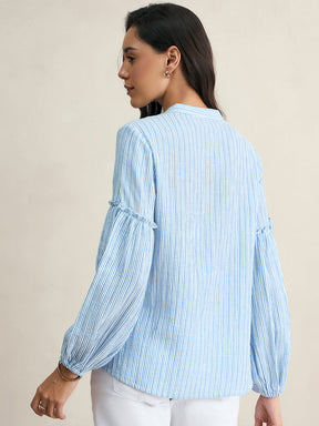 Blue And White Stripe Puff Sleeve Shirt