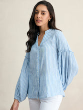 Blue And White Stripe Puff Sleeve Shirt