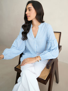 Blue And White Stripe Puff Sleeve Shirt