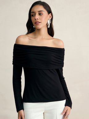 Black Knit Bandeau Ruched Detail Top