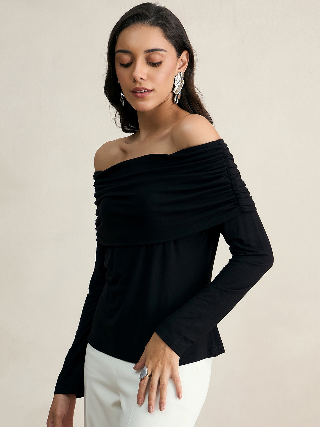 Black Knit Bandeau Ruched Detail Top