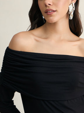 Black Knit Bandeau Ruched Detail Top