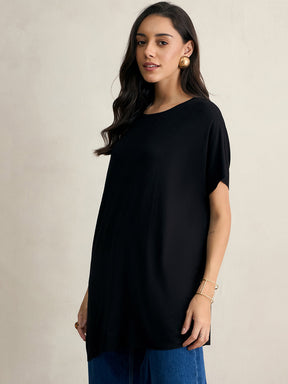 Black Knit Oversize Asymmetrical Top