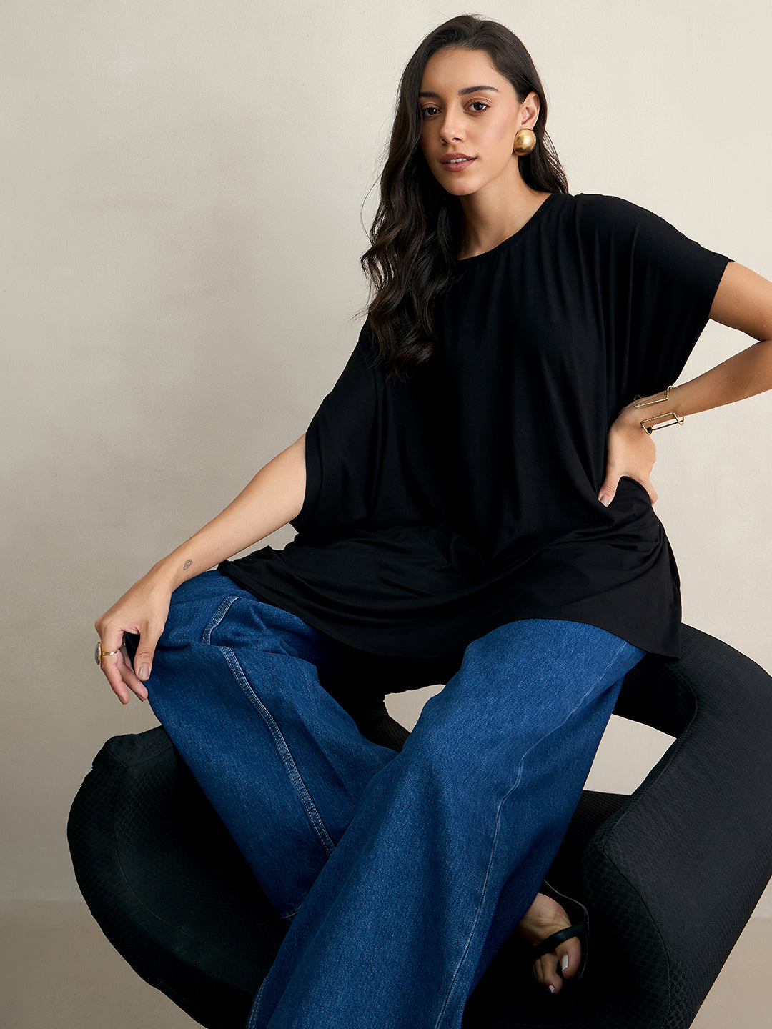 Black Knit Oversize Asymmetrical Top