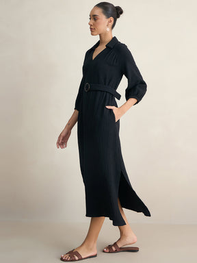 Black Cotton Collar Neck Maxi Dress