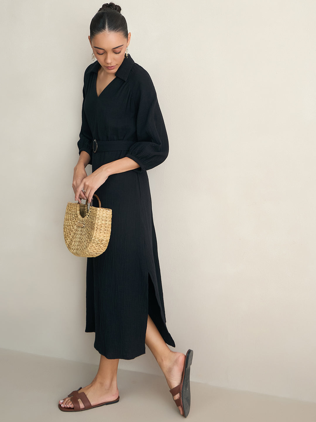 Black Cotton Collar Neck Maxi Dress