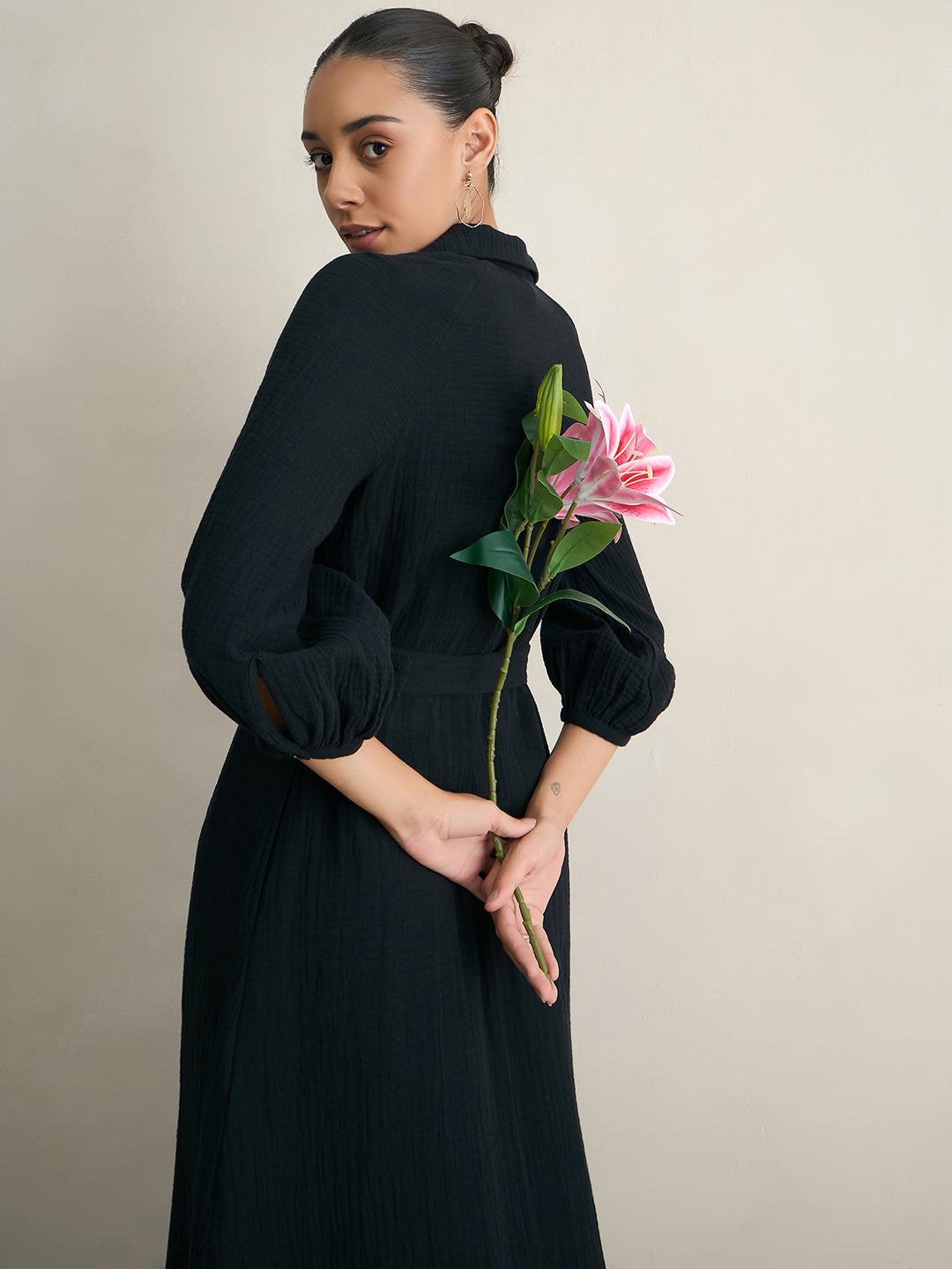 Black Cotton Collar Neck Maxi Dress